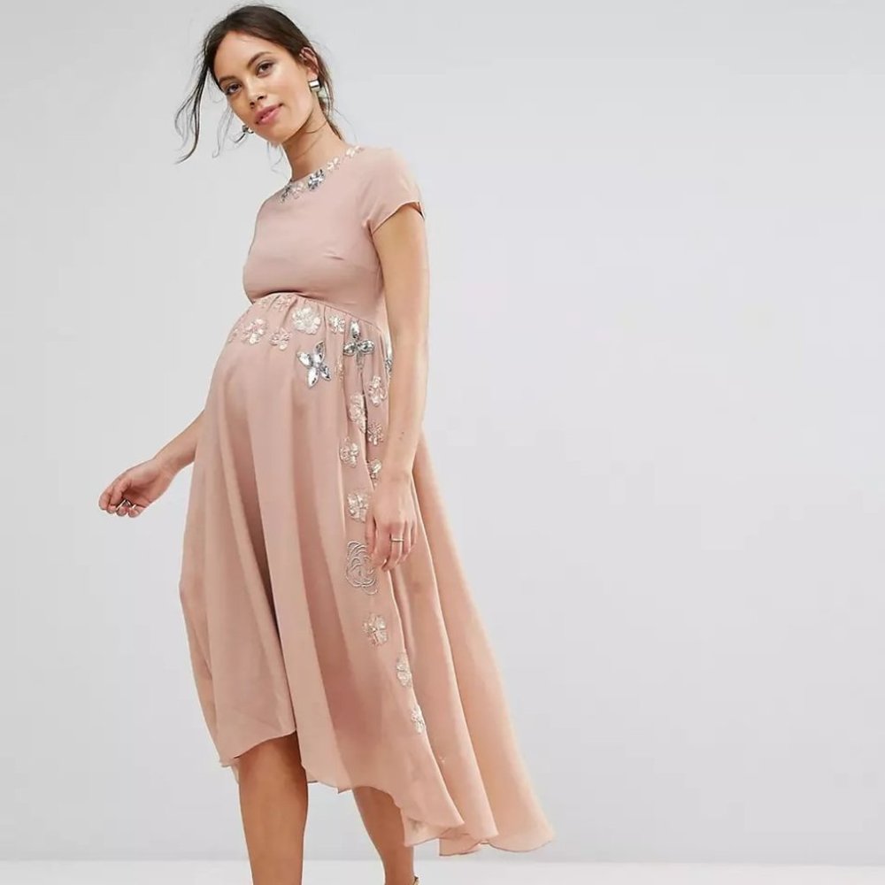 M-Maya Maternity, Medium/8, s/s poly embellished hi low dress